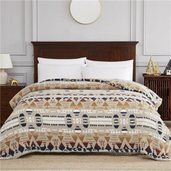 Boho Sherpa Throw Blanket Aztec Khaki Tan Ultra Soft Warm Cozy Plush Fleece NEW